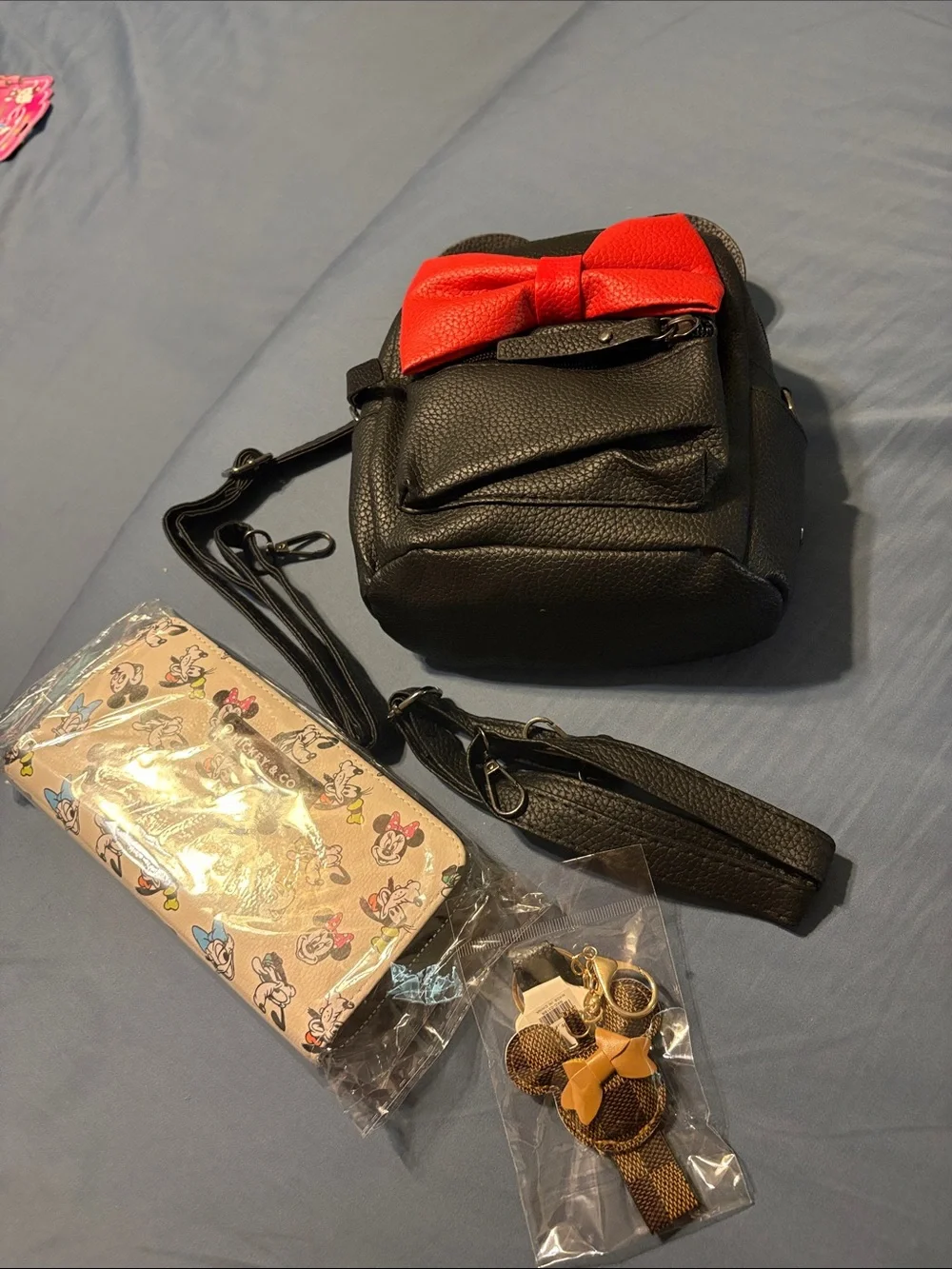 Black Mini Backpack nwot with Red Bow, purse charm and Mickey and Co  wallet nwt